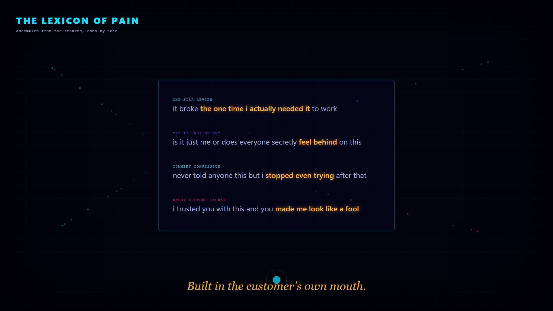 Four channel fragments assemble into one lexicon panel in the customer's own words.