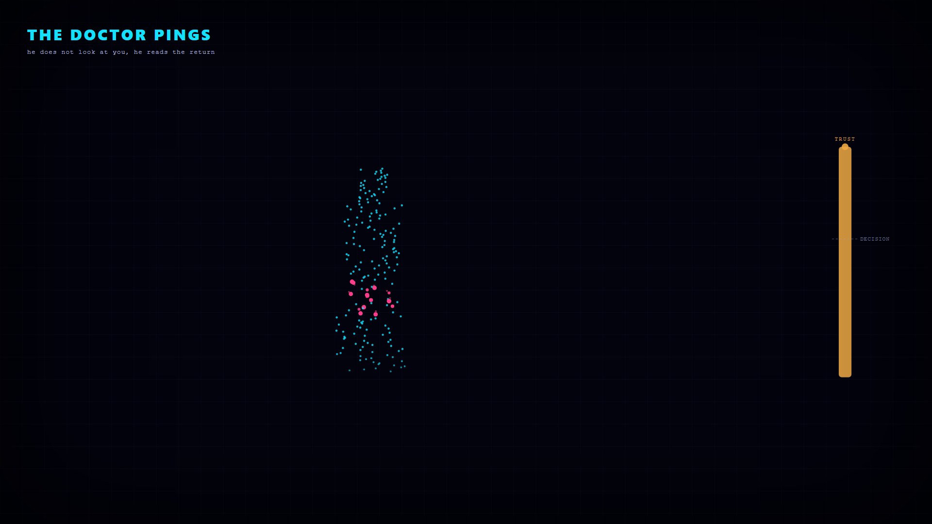 A featureless point-silhouette reconstructs band by band as a trust meter crosses the decision line.