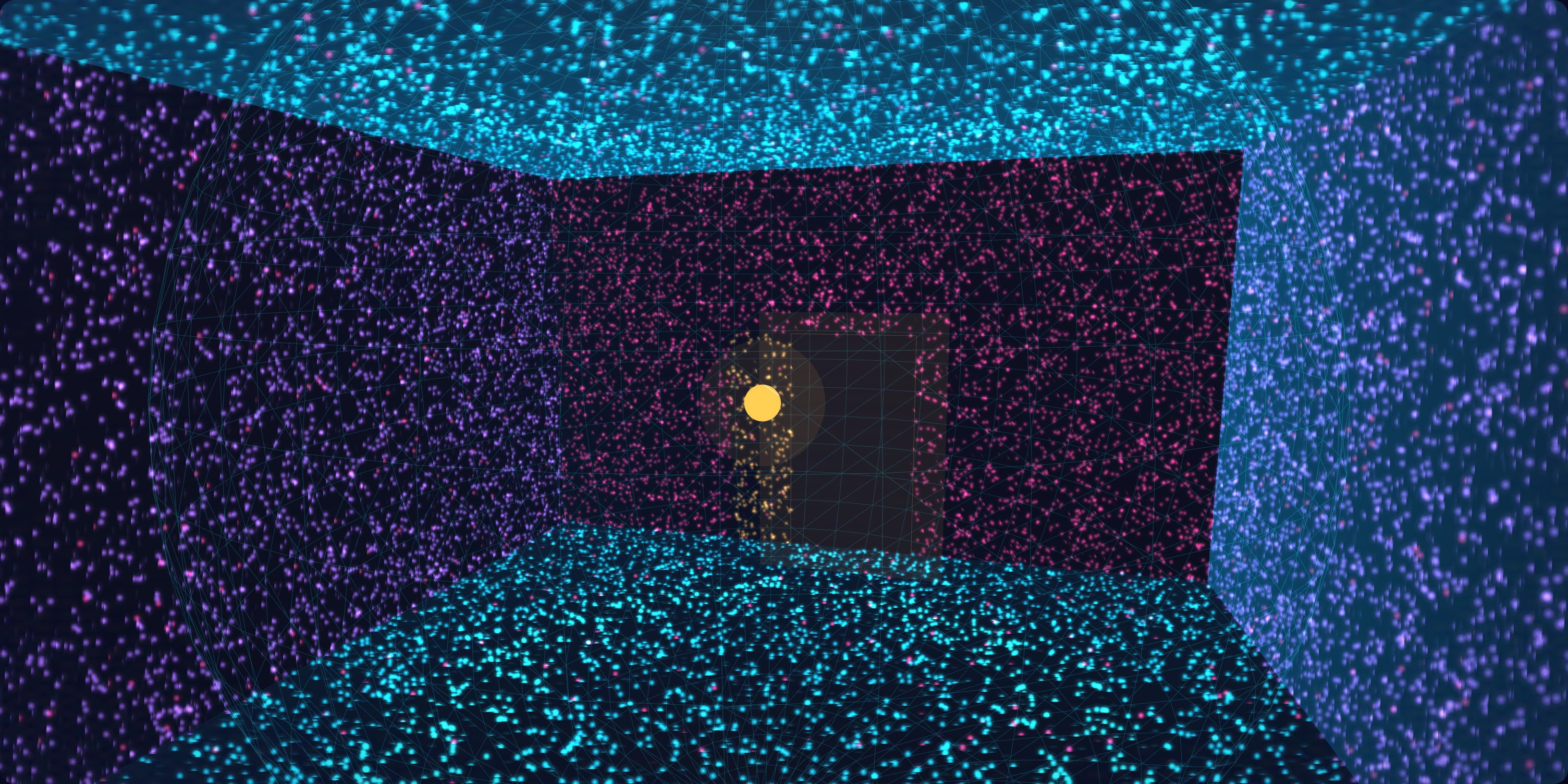 The reconstructed room from the hero, now dense and navigable, a single door-shaped gap glowing at its center as the final pulse passes through into more dark.