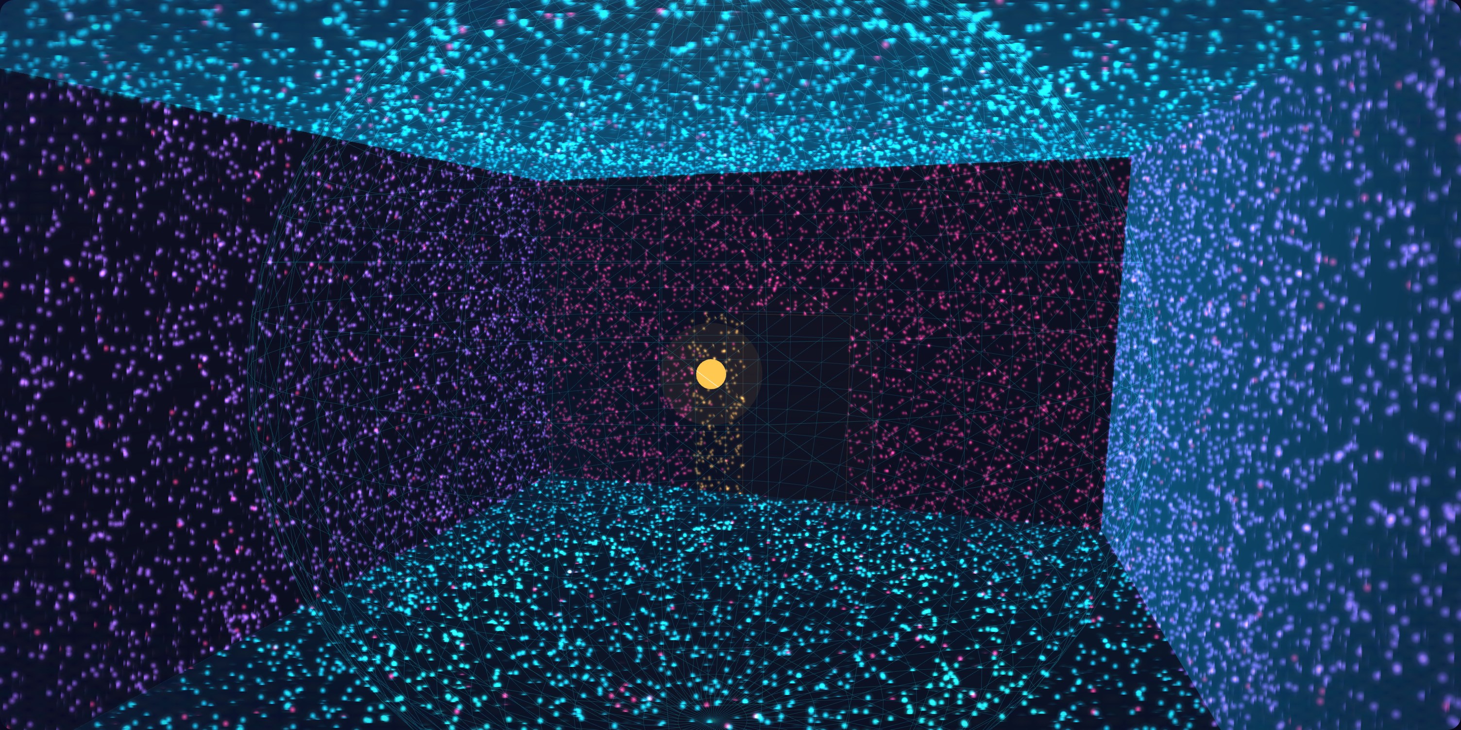 A single pulse expands into a dark volume and returns as a sparse point-cloud resolving into a navigable room.