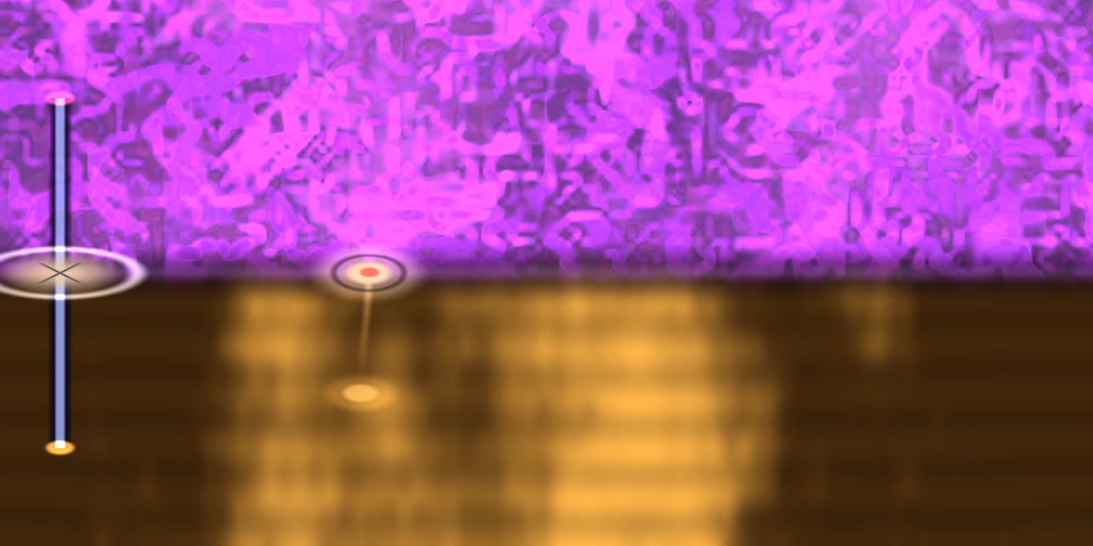 A chaotic violet-magenta surface over a smooth amber laminar layer, a single object carried at both depths.