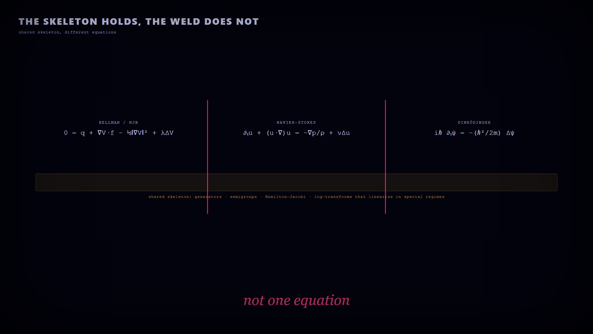 A diffusing blob rotates through imaginary time into a Schrodinger wave; the three equations sit side by side with a hard line between them and the words not one equation.