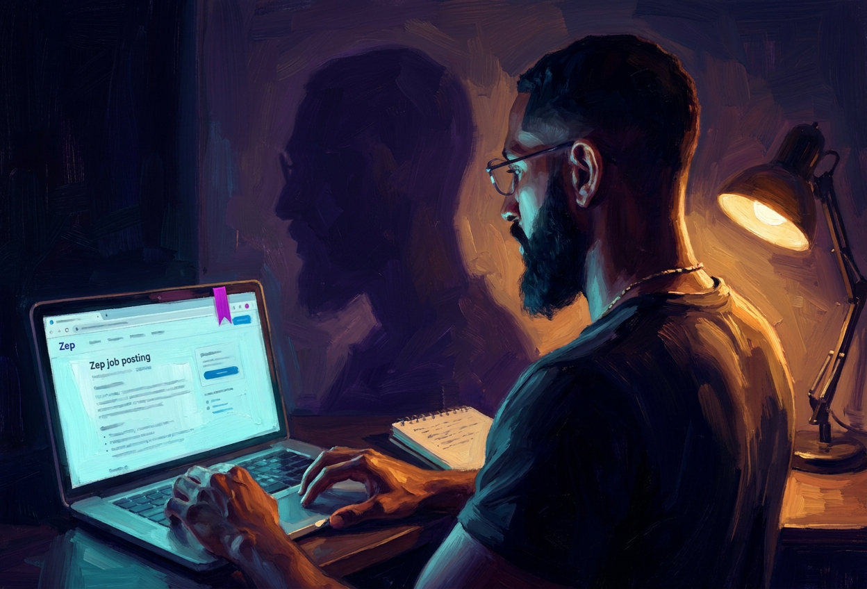 Andy from behind, three-quarter back angle, laptop screen showing the Zep job posting, single amber desk lamp casting warmth on his back, his shadow projected violet against the wall. The shadow is larger than he is.