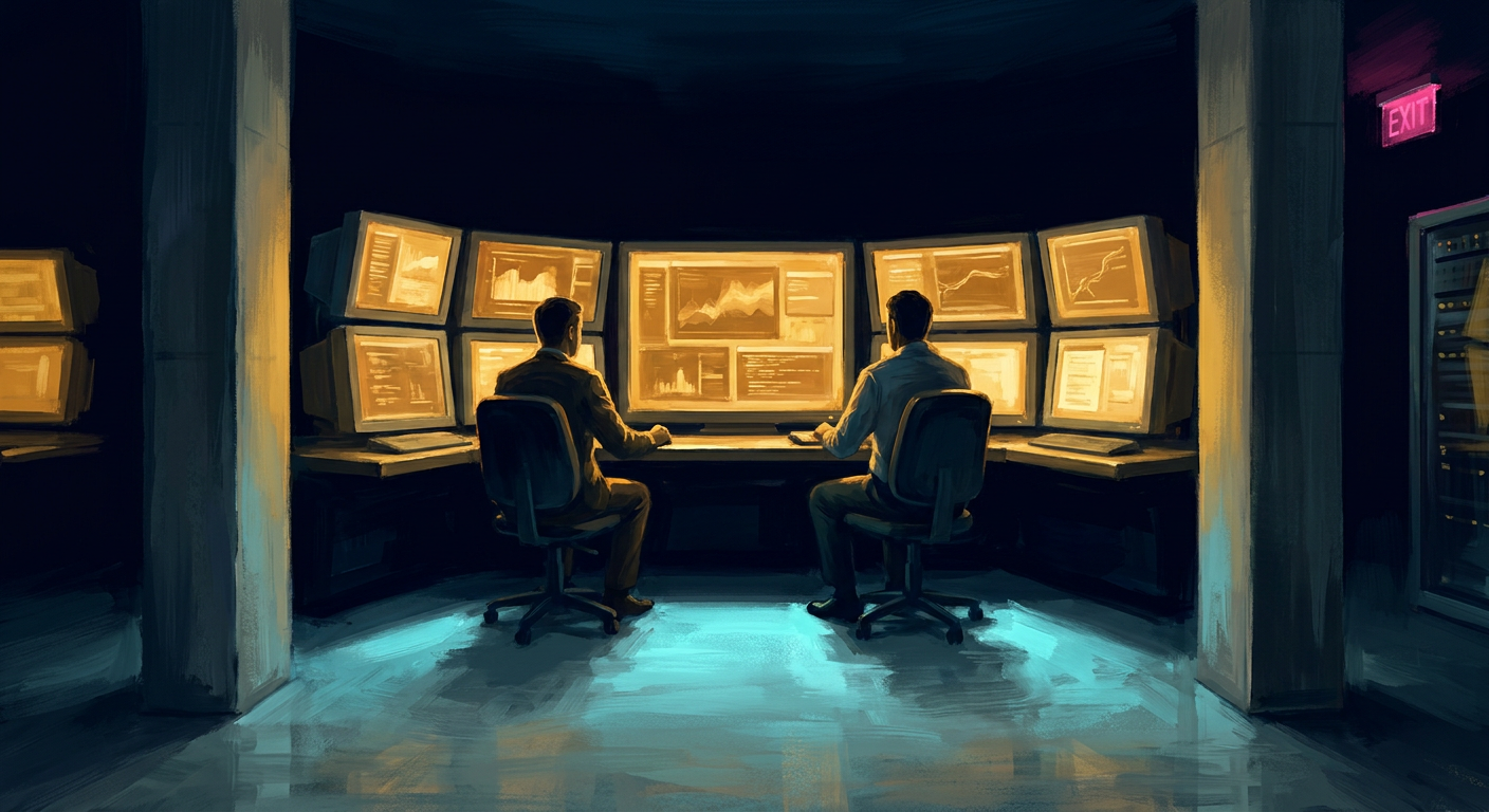 A 2008-era secure government facility war-room. Two analysts in plain dark clothing seen from behind at a curved bank of CRT monitors. Michael Mann Heat-lobby aesthetic.