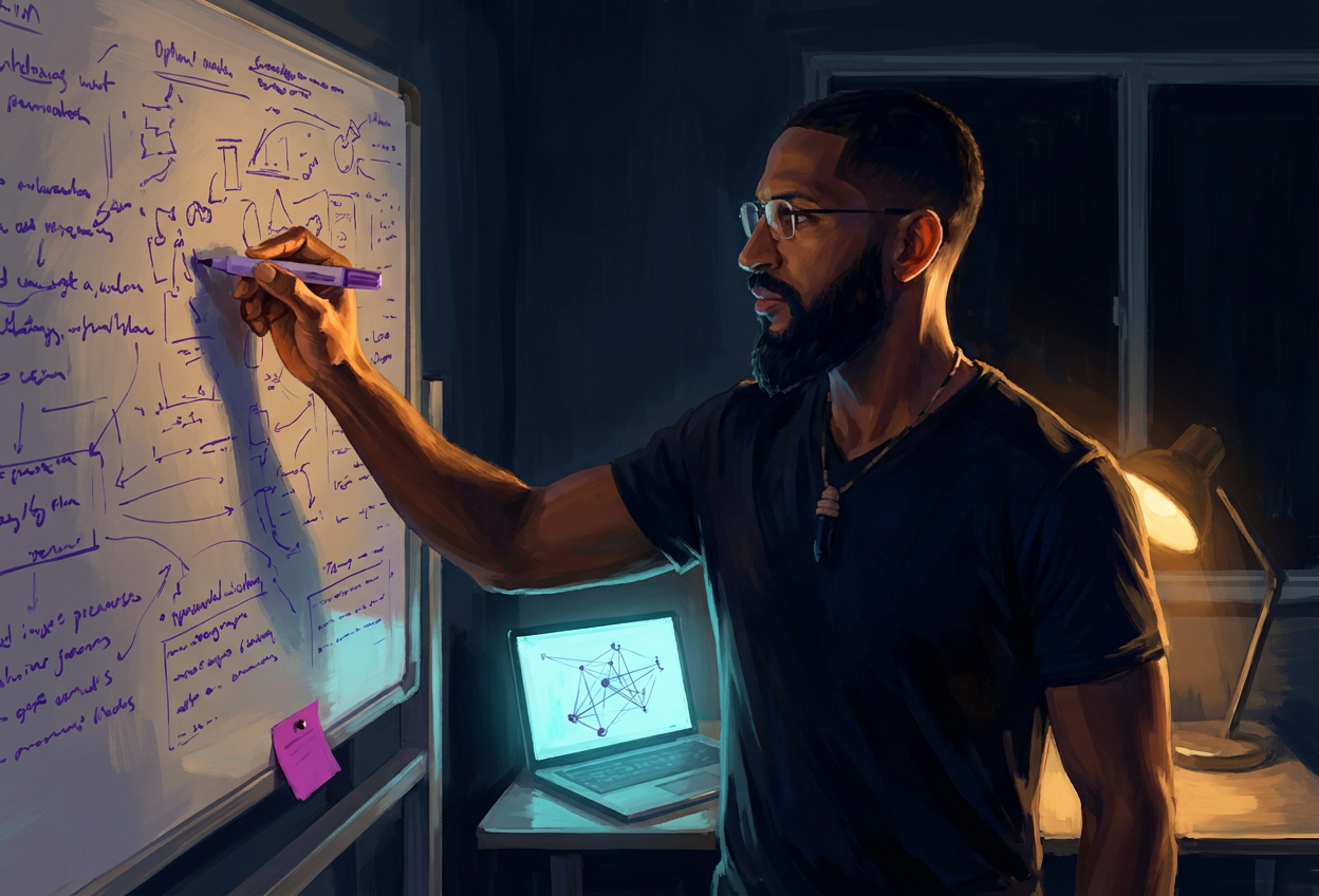 Andy at a whiteboard in a Cebu apartment at night, eighteen years later. Single amber desk lamp on his hand and the violet marker mid-stroke.