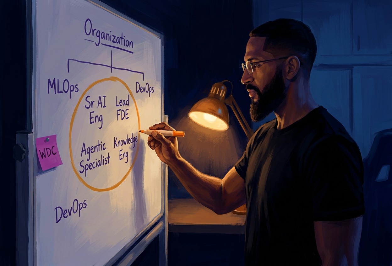 Andy at the apartment whiteboard, mid-stroke completing an amber circle around four role boxes labeled Sr AI Eng, Lead FDE, Agentic Specialist, Knowledge Eng. Two role boxes outside the circle labeled MLOps and DevOps.