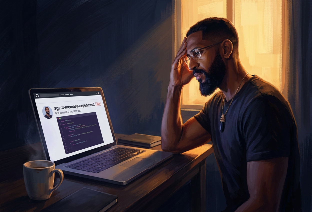 Andy at his Cebu apartment desk in late afternoon, leaning toward a laptop showing a candidate's GitHub profile with a stale repo annotation.