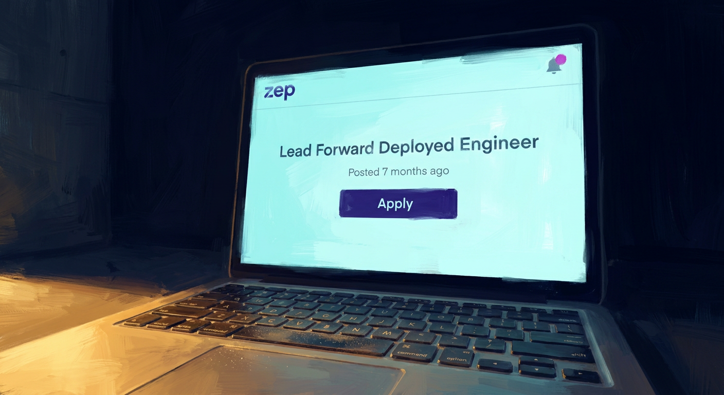 Macro composition of a laptop showing the Zep job posting page with the Apply button centered, header reading Lead Forward Deployed Engineer, subheader Posted 7 months ago.