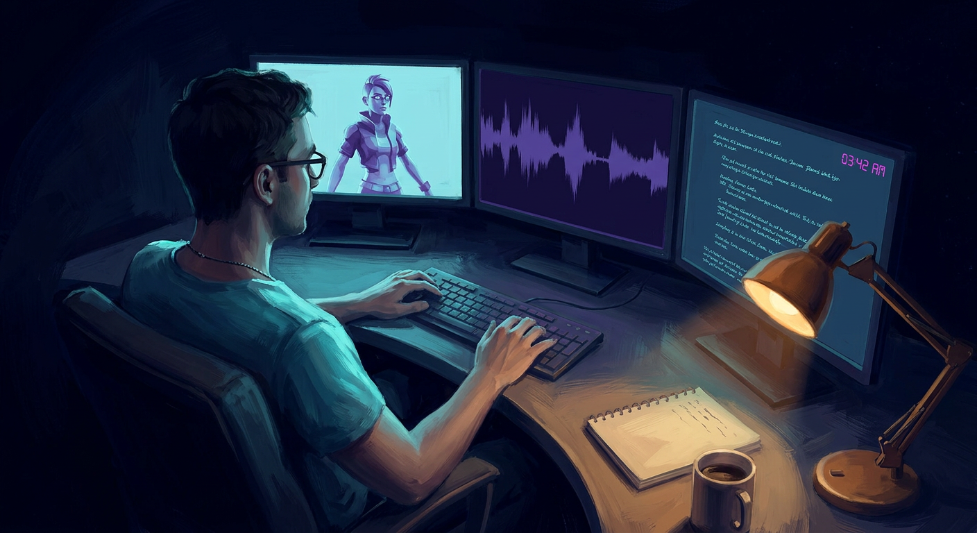 Andy at three curved monitors at midnight. Left monitor shows a character render in violet-cyan, center shows an audio waveform, right shows a script-like text block.