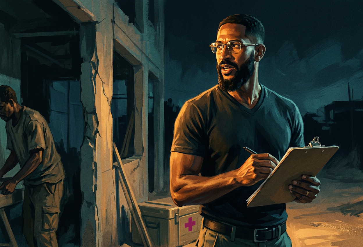 Andy in a non-profit field operations context, documentary archival aesthetic. Plain dark practical clothing, clipboard, mid-conversation, damaged building edge framing the left of the scene.
