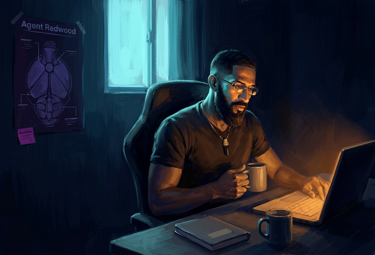 Andy at his current Cebu apartment desk in late afternoon. Tropical window pre-sunset amber, laptop glow cool cyan.
