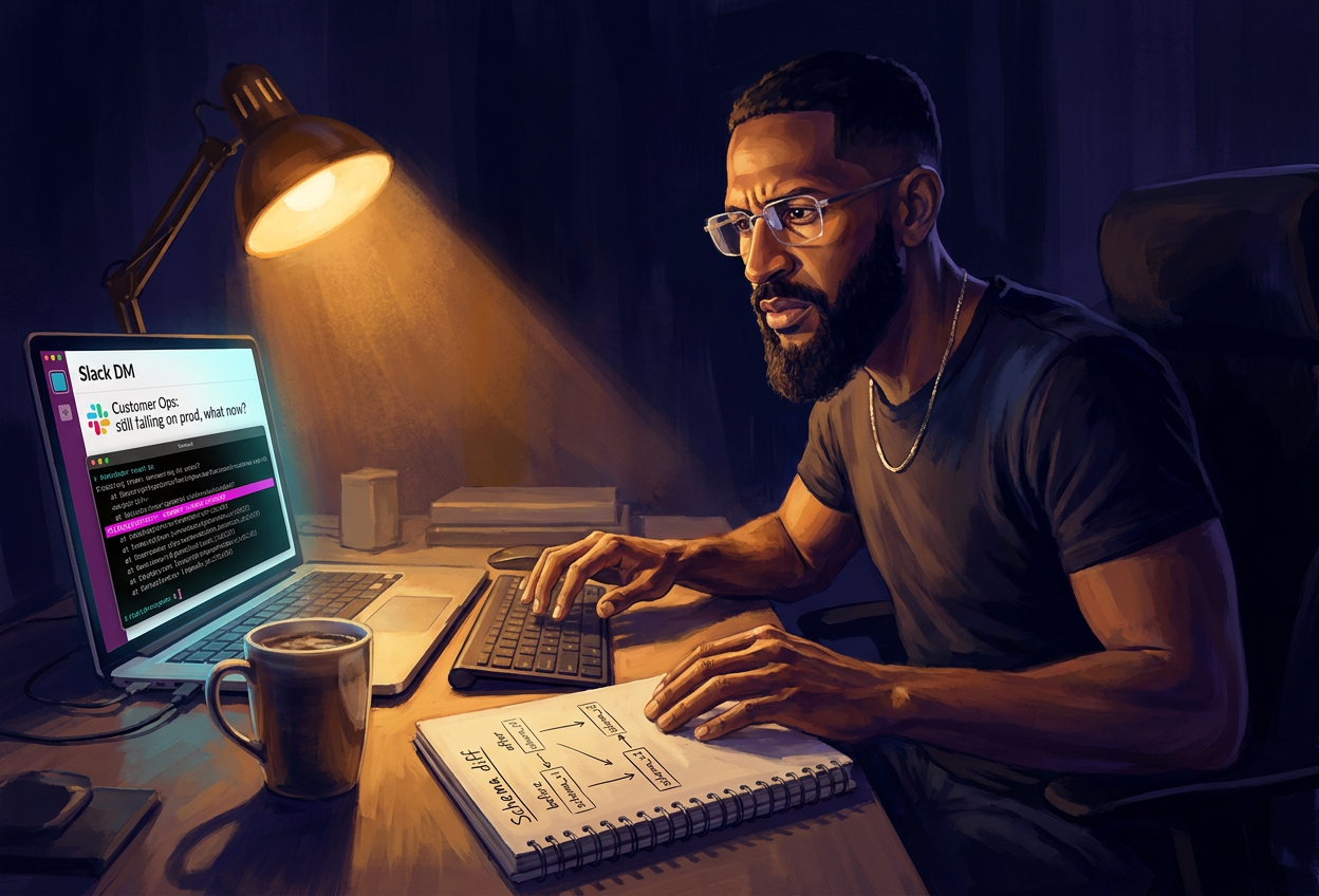 Andy at the apartment desk at 2am, deep into a debug. Leaning forward, glasses catching laptop glow. The laptop shows a Slack DM and a stack trace with a magenta error line.