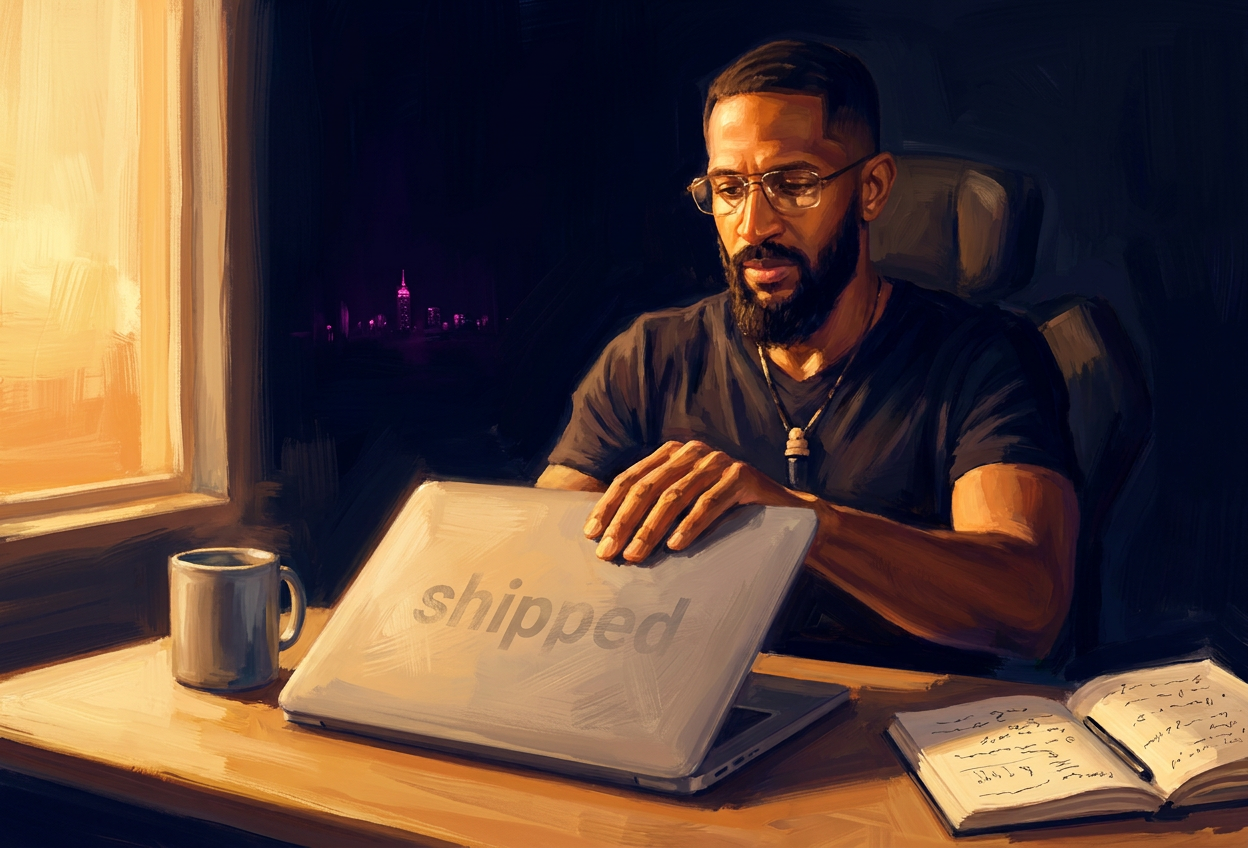Andy mid-motion closing his laptop at sunrise. A window on the left releases amber sunrise. The closed laptop lid carries a faint ghost-text 'shipped'.